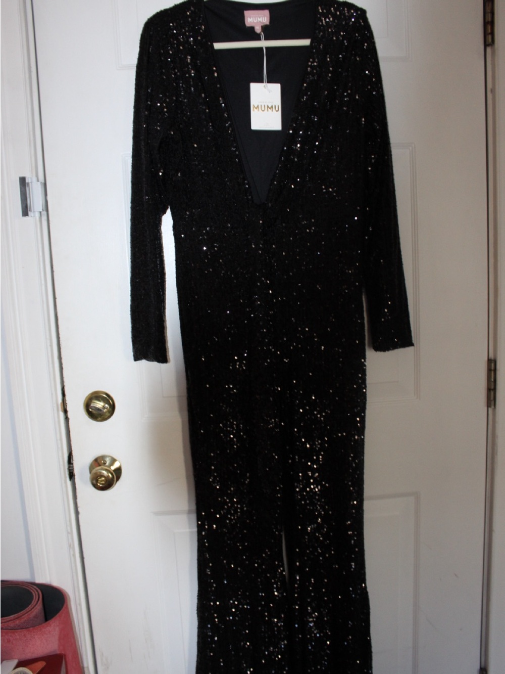 Show Me Your MuMu Black Sequin Long-Sleeve V-Neck Jumpsuit